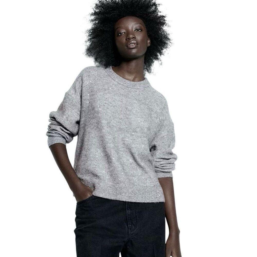 H&M Gray Melange and Sequin Embellished Crew Sweater